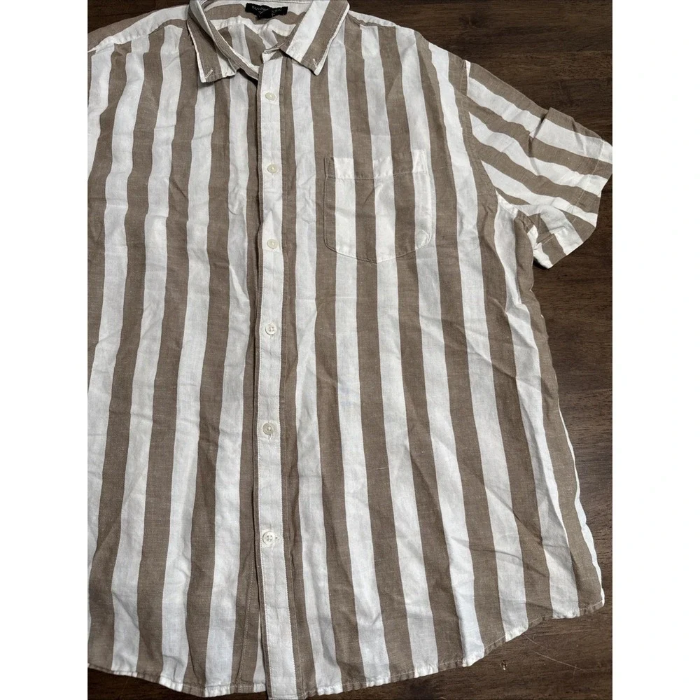 Banana Republic Mens Brown Striped Linen Blend Button Up Shirt Short Sleeve XXL